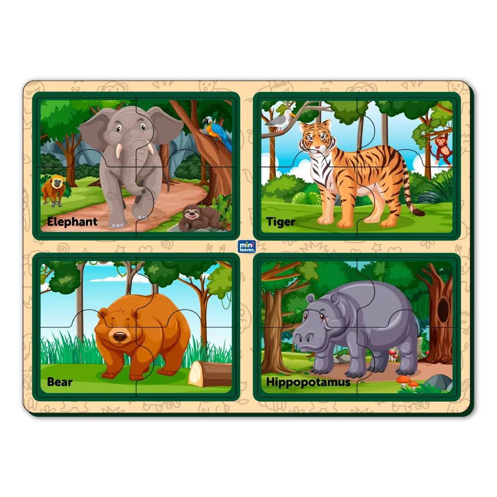 Four 4 Piece Animals Jumbo Wooden Matching Puzzle 2+ Years - Mini Leaves