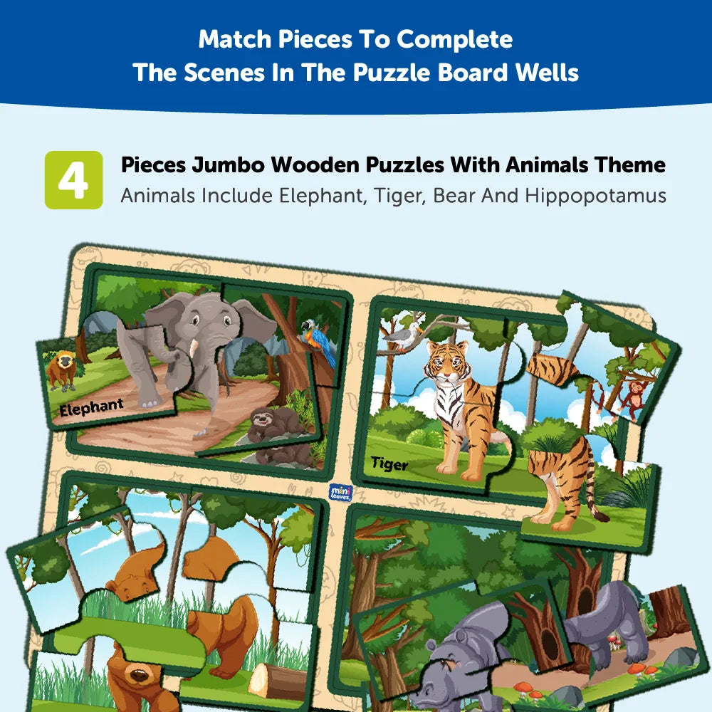 Four 4 Piece Animals Jumbo Wooden Matching Puzzle 2+ Years - Mini Leaves