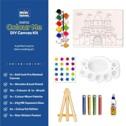 Colour Me Castle DIY Canvas Art Kit 8 x 6 Inch with Wooden Easel for 6+ Kids