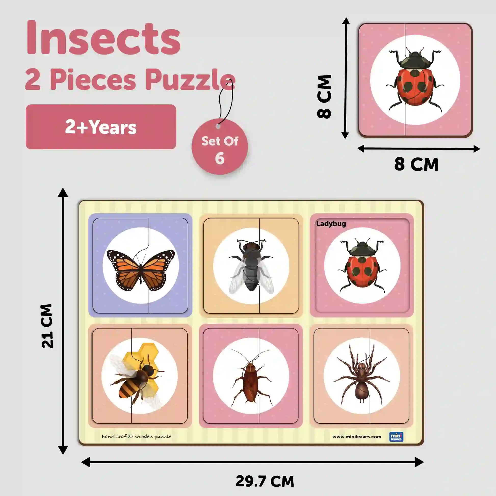 Insects 2 Piece Wooden Puzzle 2+ Years - Mini Leaves